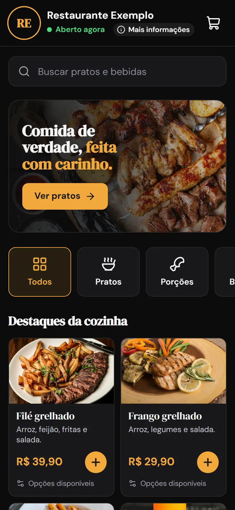 Cardápio de demonstração aberto no celular, com foto principal e destaques