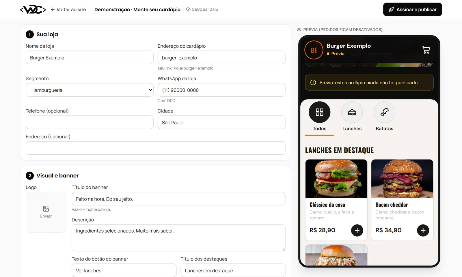Editor do cardápio com formulário à esquerda e prévia no celular à direita