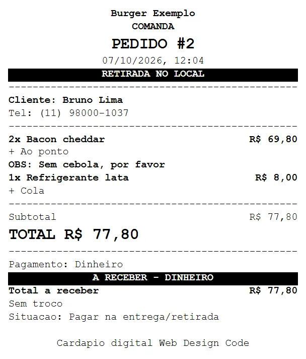 Comanda de pedido pronta para impressão em 58 ou 80 mm